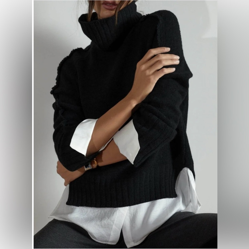 Brochu Walker The Jolie Fringe Layered Looker Black Cashmere Sweater SzSmall